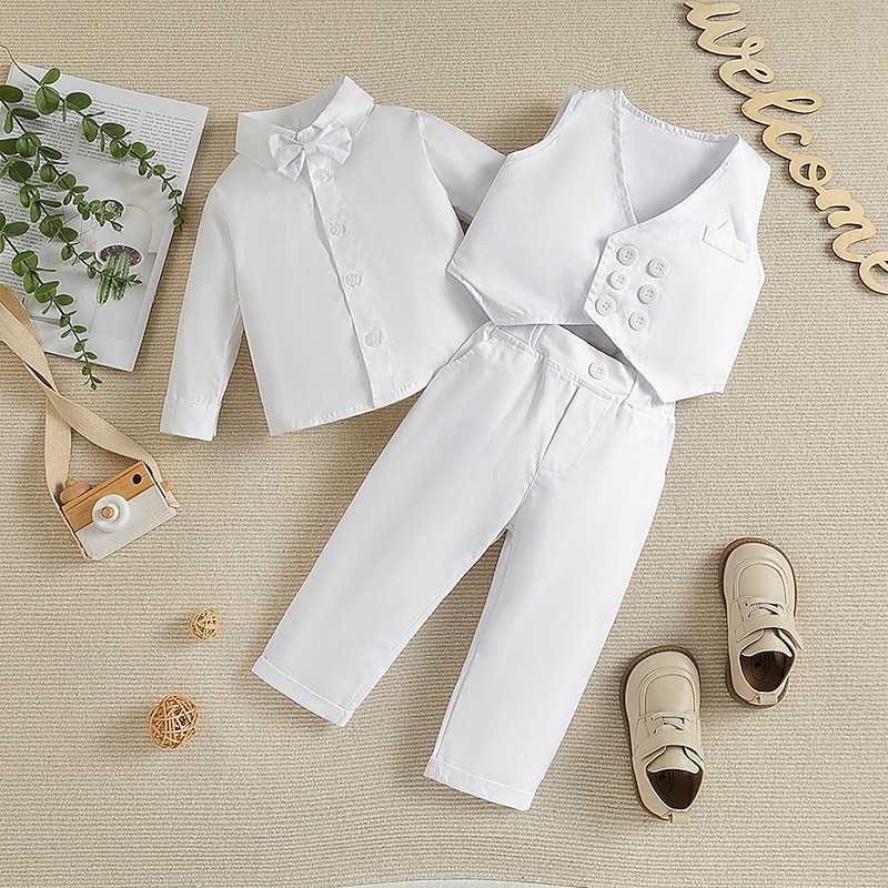 3 Pieces Ring Bearer Suit Boys Kids Toddler Vest & Shirt & Pants School Formal Birthday Basic Gentle Preppy Style Solid Color V Neck White Cotton