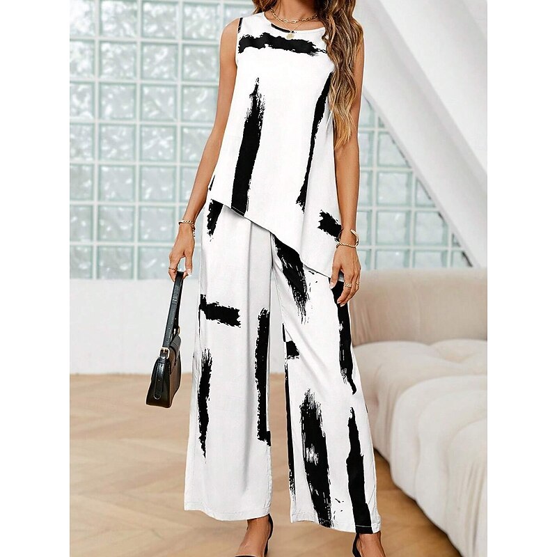 Women's 2 Pieces Fashion Daily Tank Top Pants Sets Sleeveless Round Neck Graphic Geometric Print Casual Daily Black White Summer Regular Fit4