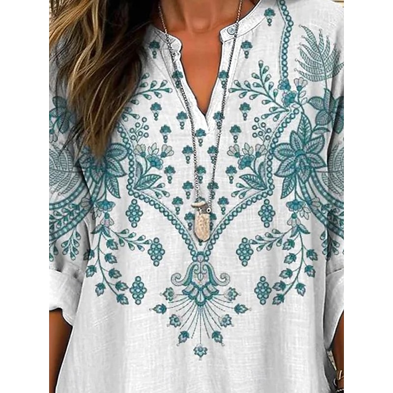 Women's Blouse Tunic V Neck Long Sleeve Boho Casual Tops Floral Graphic Vintage Regular Tops Daily Print White Red Royal Blue Purple Green2