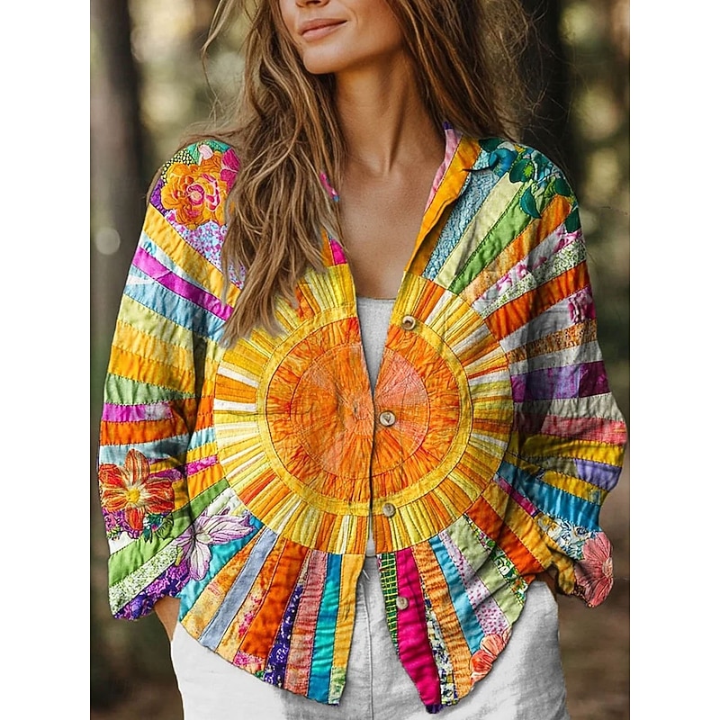 Women's Shirt Button Down Tunic Shirt Collar Long Sleeve Ombre Graphic Casual Regular Tops Work Daily s Print Orange Spring Fall Winter