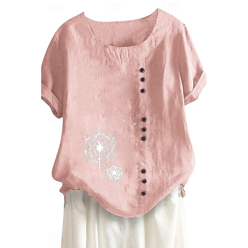 Women's T Shirt Cotton Shirt Cotton Linen Shirts Floral Fashion Casual Short Sleeve Crew Neck Regular Tops Daily Going out Weekend Print Yellow Light Green Pink Army Green Navy Blue Summer