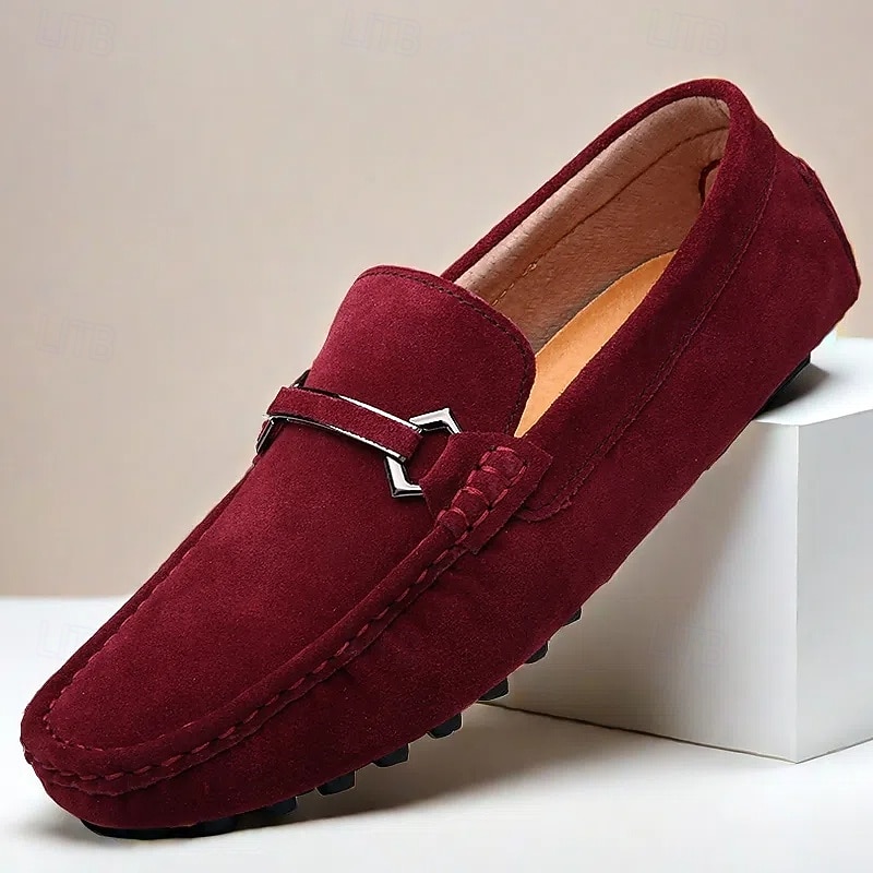 Men's Suede Driving Moccasins, Rich Burgundy with Classic Bit Buckle, Luxurious Comfort Casual Shoes
