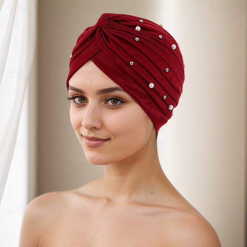 Headwear Polyester / Cotton Blend Floppy Hat Turbans Casual Church With Beading Pure Color Headpiece Headwear4