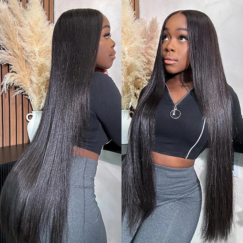 Remy Human Hair 13x4 Lace Front Wig Free Part Peruvian Hair Silky Straight Black Wig 150% Density with Baby Hair Glueless Pre-Plucked For wigs for black women Long Human Hair Lace Wig3