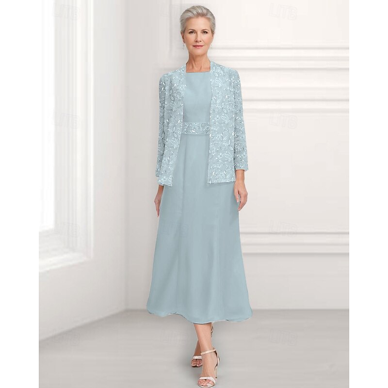A-Line Dress Mother of the Bride Dress Wedding Guest Church Elegant Vintage Jewel Neck Ankle Length Chiffon Long Sleeve with Sequin Embroidery