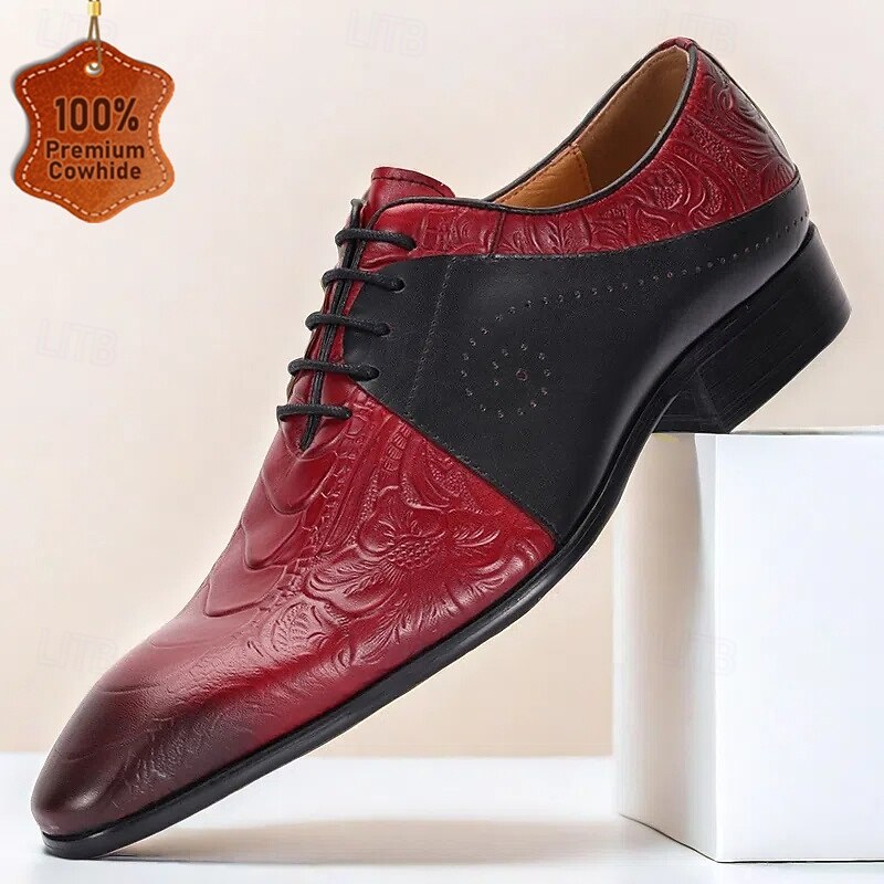 Men's Premium Cowhide Leather Oxfords, Classic Red with Brogue Detailing, Suitable for Business and Formal Events