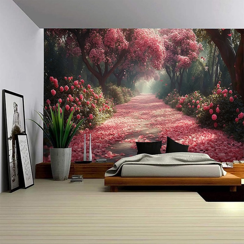 Red Flower Forest Path Landscape Hanging Tapestry Mural Art Large Tapestry Mural Decoration Photo Background Carpet Curtain Home Bedroom Living Room Decoration3
