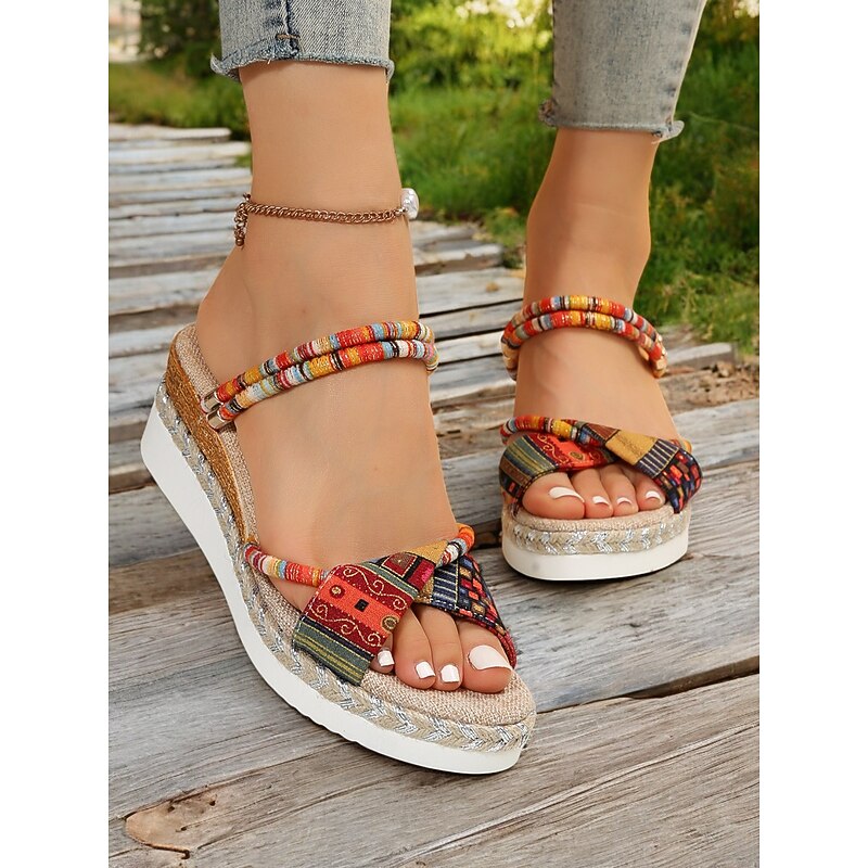 Women's Bohemian - Style Platform Sandals – Colorful Beaded Strap, Patterned Bow Flip - Flops for Women's Summer Vacations, Beach Trips and Casual Outdoor Events