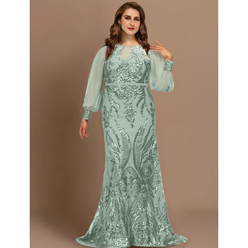 Mermaid Plus Size Curve Mother of the Bride Dresses Elegant Dress Formal Wedding Guest Sweep / Brush Train Long Sleeve Jewel Neck Chiffon with Sequin free custom size