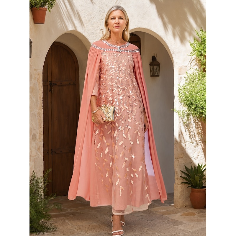 A-Line Cape Dress Mother of the Bride Dress Elegant Vintage Party Crew Neck Floor Length Chiffon Long Sleeve with Beading Embroidered Lace Applique