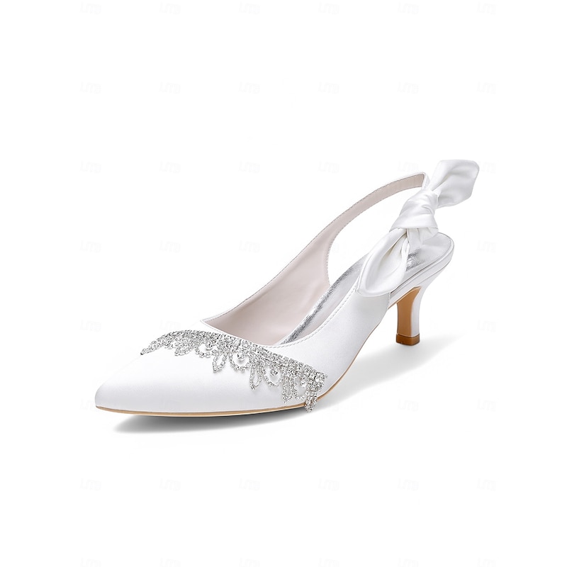 Women's White Satin Kitten Heel Slingback Wedding Shoes – Pointed Toe Bridal Heels with Crystal Bow Strap3