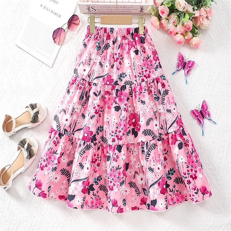 Kids Girls' Skirt Floral Streetwear Patchwork Performance 4 years+ Summer Black Pink