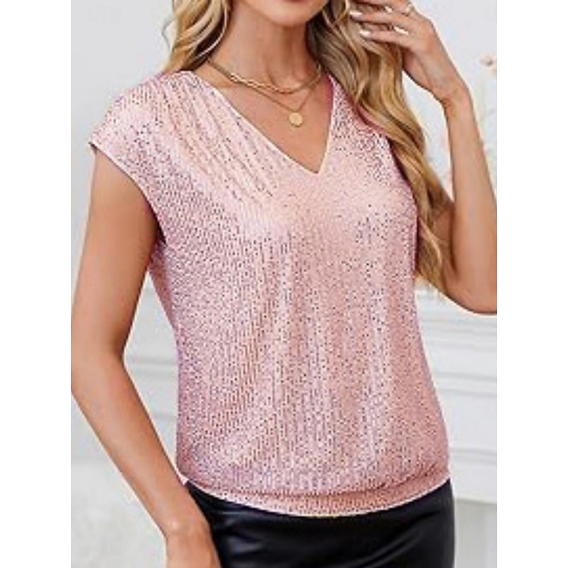 Women's Camisole Tank Top Solid Color Party Stylish Modern Short Sleeve V Neck Regular Tops Wedding Guest Evening Party Going out Sequins Black Pink Wine Blue Gold Summer Spring