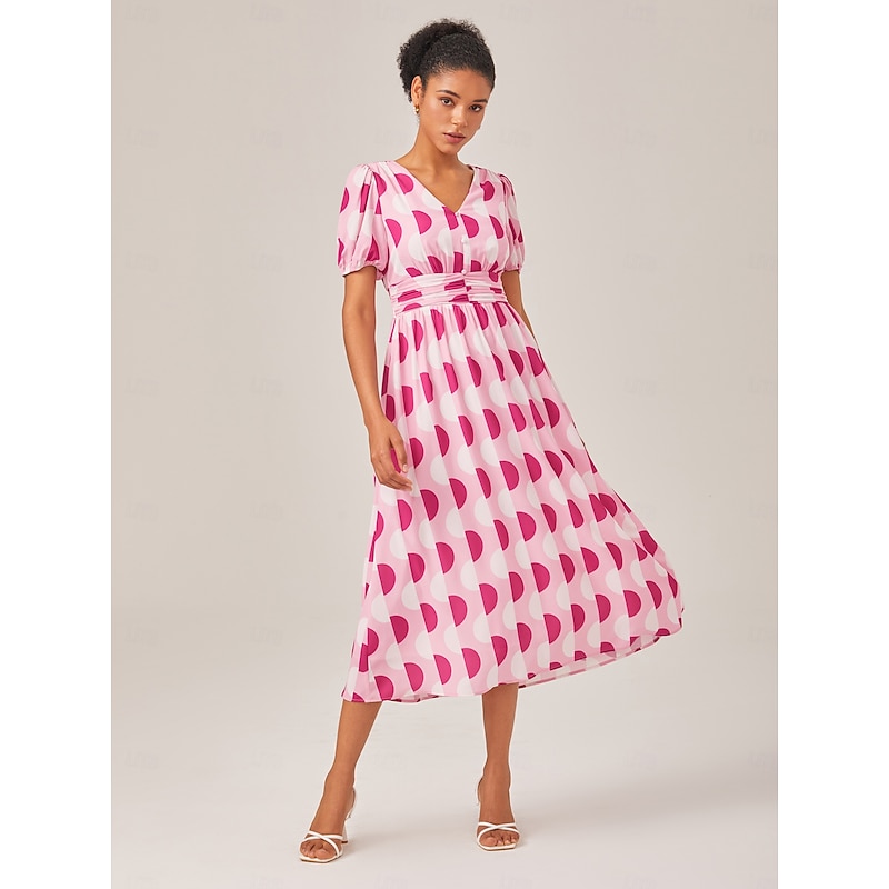 Pink Polka Dot Geometric Print Cinched Waist Dress - Main Image