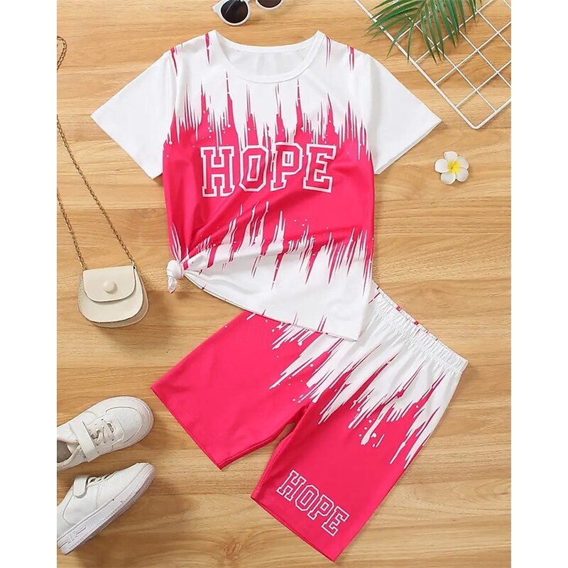 Girls' 3D Letter T-shirt & Shorts Set Short Sleeve Summer Spring Sports Fashion Daily Kids 4-12 Years Crew Neck Outdoor Vacation Sports Tailored Fit