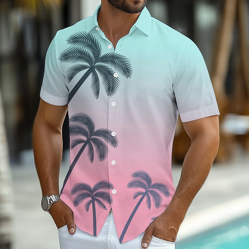 Men's Coconut Tree Gradient Color Tropical Plants Shirt Summer Hawaiian Shirt Button Up Shirt Short Sleeve Hawaiian Vacation Holiday Beach Wear Summer Spring Turndown 3D Print Collared Shirts Pink