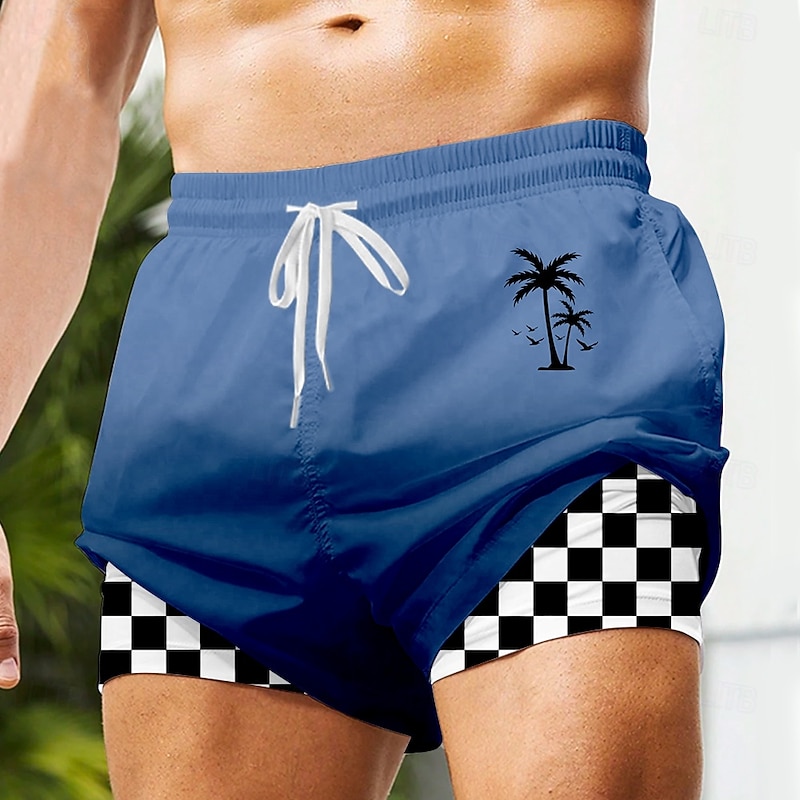 Men's Coconut Tree Grid / Plaid Lined Shorts 2 in 1 Board Shorts Swimming Trunks Mid Waist Hawaiian Vacation Beach Side Pockets With Compression Liner Elastic Drawstring Waist Designer Clothing3