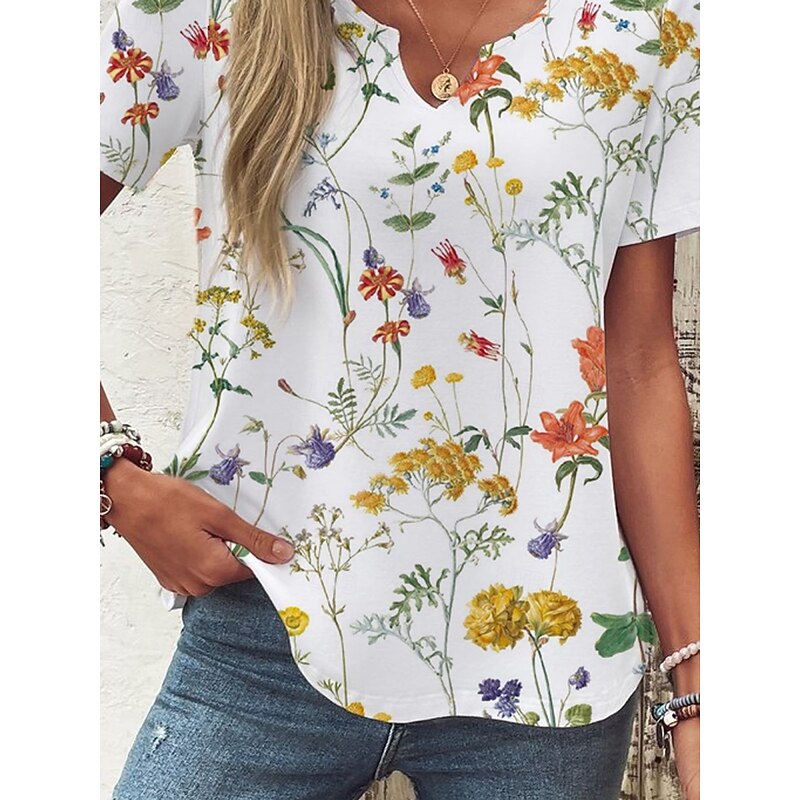 Women's T Shirt Floral Fashion Modern Short Sleeve V Neck Regular Tops Daily Print White Blue Green Summer3