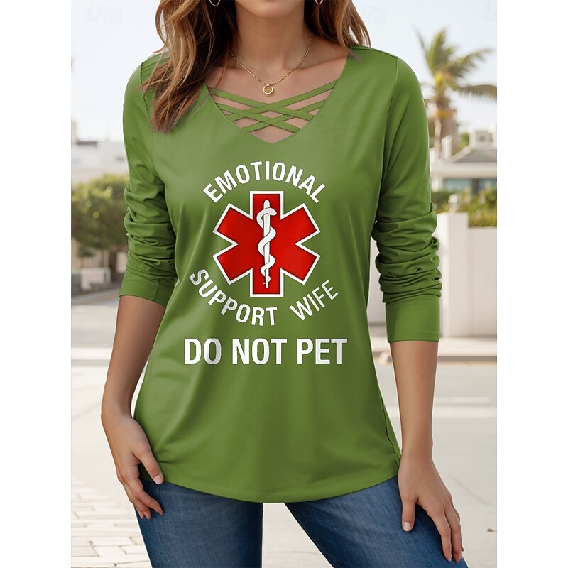 Women's T Shirt Graphic Letter Casual Long Sleeve V Neck Regular Tops Daily Cut Out Print Black Pink Green Spring Fall4