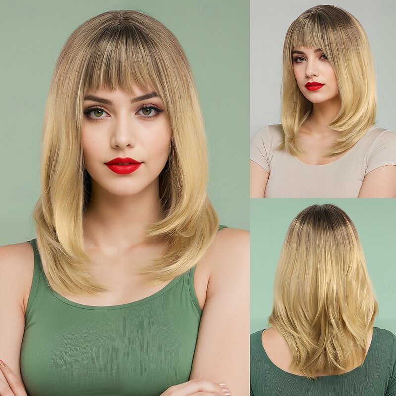 Synthetic Wig Body Wave Curly Weave Asymmetrical Neat Bang Machine Made Wig 18 inch A1 Synthetic Hair Women's Classic Comfortable Color Gradient Yellow