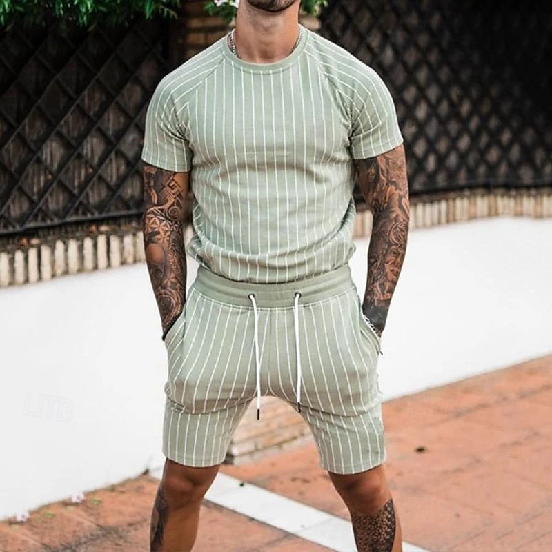 Men's Tracksuit Outfit Set Shorts Crew Neck Outdoor Daily Sports Pocket Drawstring 2 Piece Stripes Royal Blue Khaki Light Grey Polyester Activewear Classic Casual Summer2