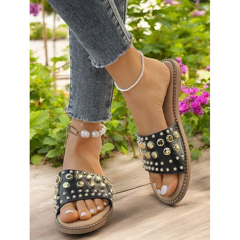 Women's Black Studded Slide Sandals – Trendy Flat Slip-On Sandals with Gold Rivets for Summer, Beach, and Casual Outings3