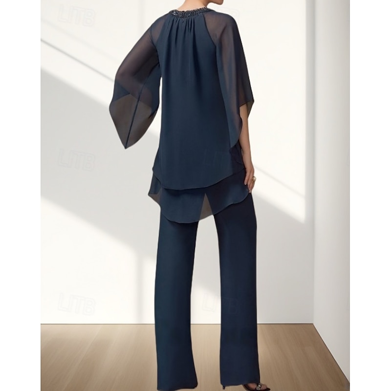 Two Piece Pantsuit Mother of the Bride Dress Wedding Guest Elegant Crew Neck Floor Length Chiffon 3/4 Length Sleeve with Beading Ruching2