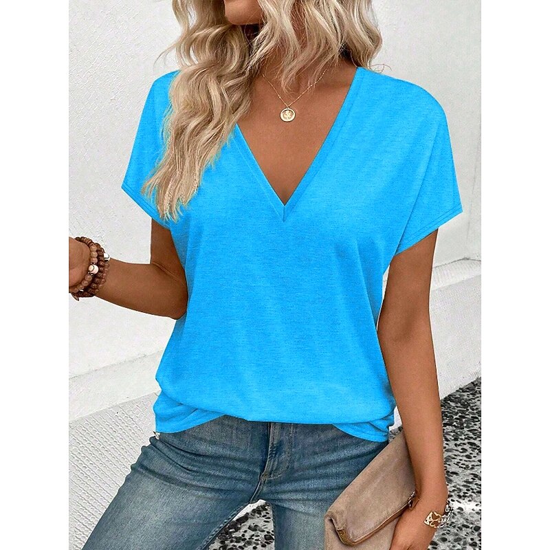 Women's T Shirt Solid Color Casual Short Sleeve V Neck Regular Tops Daily Going out Weekend Print Black Blue Summer2