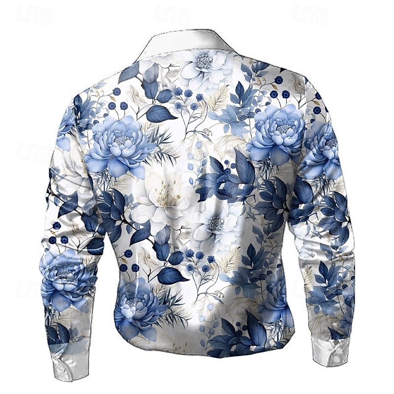 Easter Men's Floral Print Lily Flowers Satin Shirt Dress Shirt Button Up Shirt Long Sleeve Fashion Casual Vacation Holiday Summer Spring Fall Turndown Collared Shirts 3D Print White2