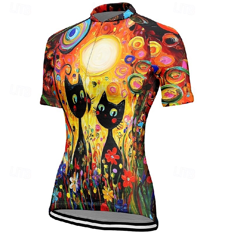 Women's Cycling Jersey Cat Flower Short Sleeve Bike Tee Tshirt Jersey with 3 Rear Pockets Mountain Bike MTB Quick Dry Anatomic Design Wicking Breathable Sports Yellow Fuchsia Clothing Apparel