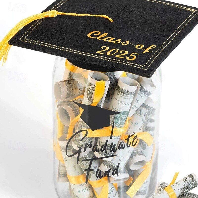 Graduation Gifts 2025 - Personalized Name Graduation Mason Jar - Filled with Money & Class of 2025 Cap Kit - Centerpieces Congrats Decorations Party Supplies for Him Her Women Men College High School