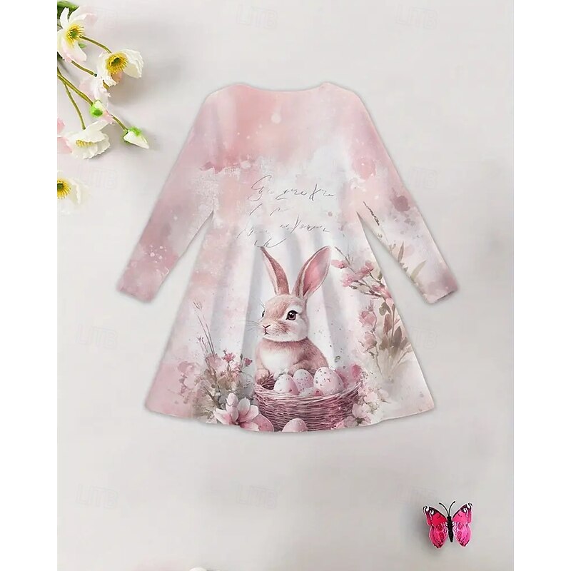Easter Girls' 3D Graphic Rabbit Dress Long Sleeve Summer Spring Vacation Daily Holiday Princess Beautiful Sweet Kids 4-12 Years Casual Dress A Line Dress Knee-length Regular Fit4