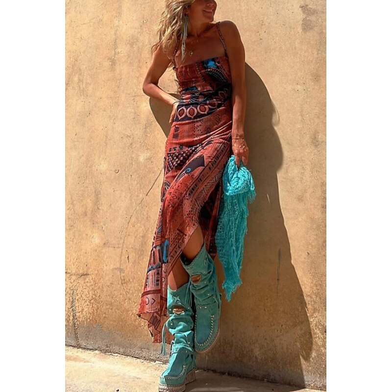 Women's Midi Dress Slip Dress Fashion Weekend Summer Dress Regular Fit Flower Sleeveless Spaghetti Strap Red Blue Brown Summer