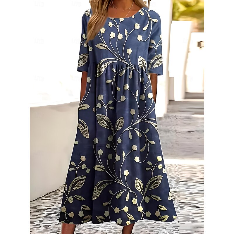 Women's Midi Dress Sundress Pleated Dress Vacation Casual Beach Daily Going out Summer Dress Loose Fit Floral Graphic Short Sleeve Crew Neck White Pink Blue Dark Blue Summer3