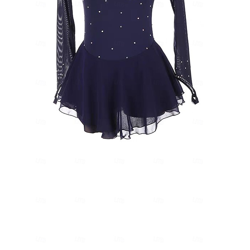 Figure Skating Dress Women's Girls' Ice Skating Dress Dark Navy Patchwork Thumbhole Mesh Spandex Stretchy Training Practice Professional Skating Wear Thermal Warm Crystal / Rhinestone Long Sleeve Ice3