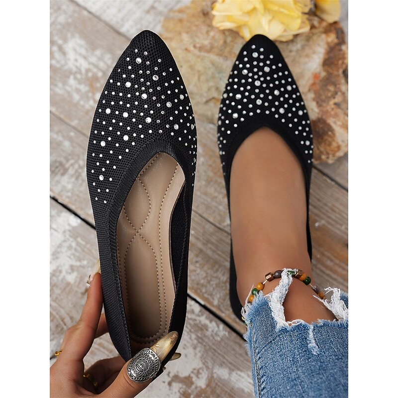 Women's Flyknit Rhinestone Pointed-Toe Flats - Elegant Sparkly Slip-On Shoes for Special Occasions & Daily Wear2