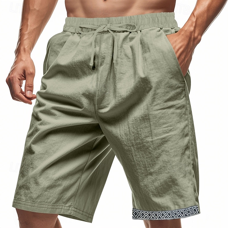 Men's Shorts Linen Shorts Summer Shorts Beach Shorts Patchwork Drawstring Elastic Waist Plain Comfort Breathable Knee Length Outdoor Daily Holiday Fashion Hawaiian Dark Khaki Black