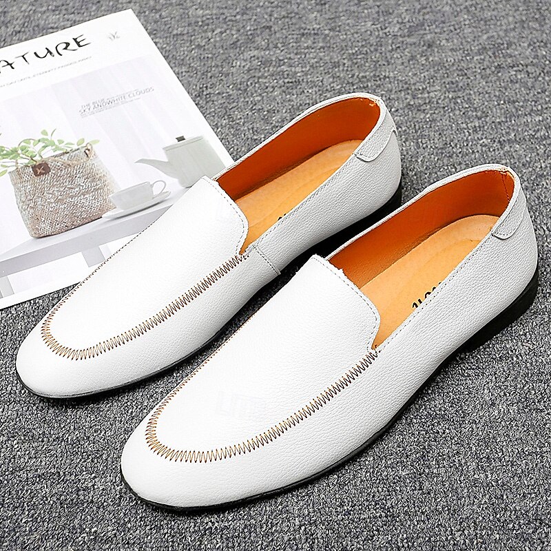 Men's Prom Shoes - White Faux Leather Slip-On Loafers with Sleek Design for Weddings and Formal Events3