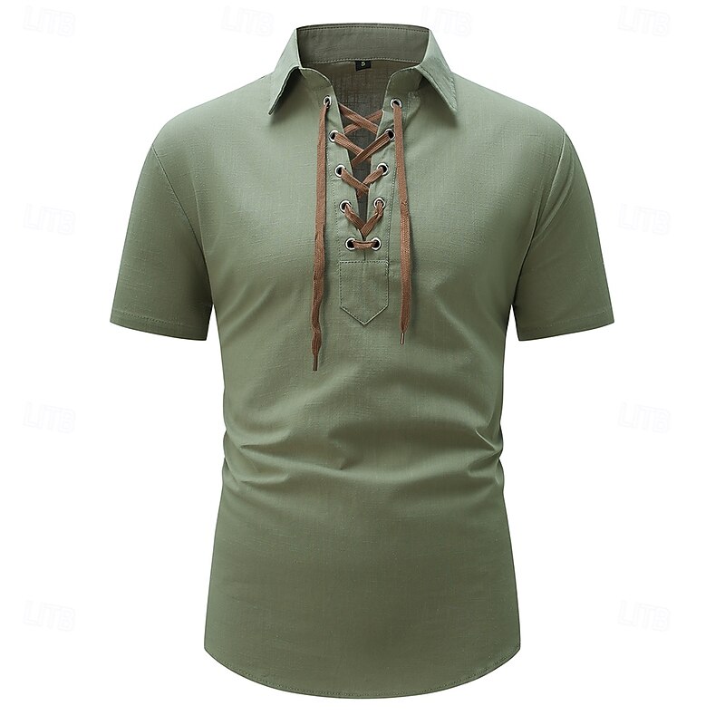 Men's Shirt Linen Shirt Summer Shirt Beach Shirt Plain Vacation Casual White Army Green Dark Gray Light Blue Short Sleeve Collar Summer Spring Clothing Apparel Drawstring2