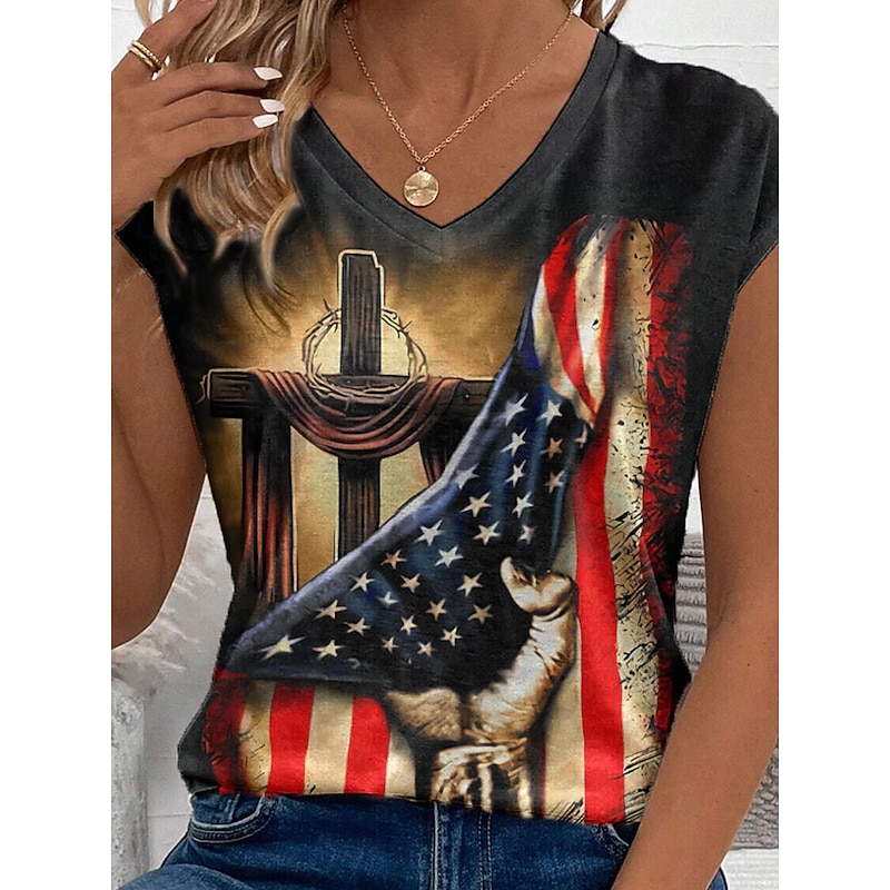 Women's Patriotic  Camisole Tank Top Graphic Flag Stylish Casual Sleeveless V Neck Regular Tops Daily Print Black Summer3