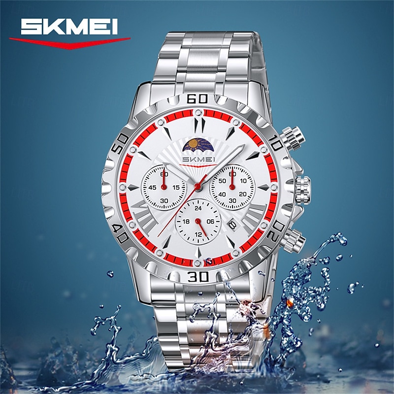 SKMEI Men's Sun Moon Star Steel Belt Watch Multi Functional Three Eye Six Needle Timing Night Light Pointer Watch2