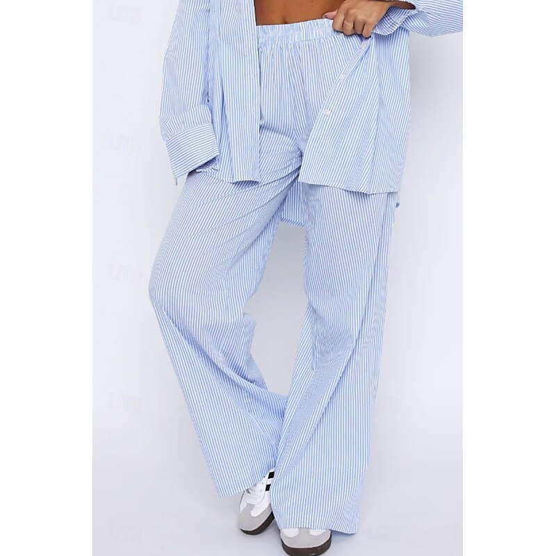Women's Wide Leg Slacks Fashion Streetwear Full Length Natural Striped Pocket Elastic Waist Comfy Comfortable Street Going out Pink Blue Summer Regular Fit2