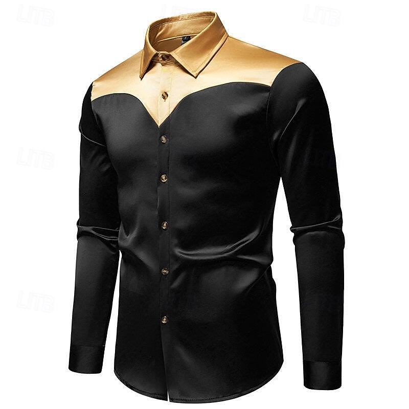 Men's Shirt Summer Shirt Casual Shirt Beach Shirt Button Up Shirt Black White Wine Navy Blue Long Sleeve Color Block Lapel Vacation Hawaiian Patchwork Clothing Apparel Polyester Fashion Casual2