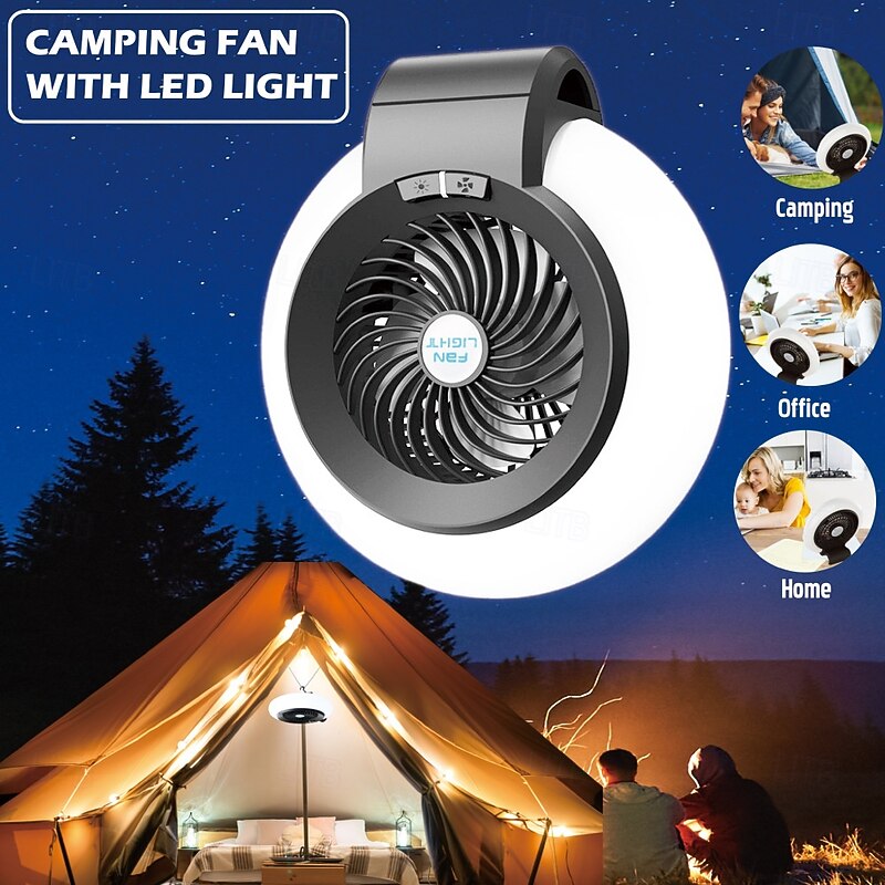 1 Pc Portable 2-In-1 Camping Fan Light That Can Be Hung Or Erected, With Two Levels Of Dimming And Two Levels Of Wind Adjustment, Suitable For Tent Camping, Travel, Office And Home Use, Type-C