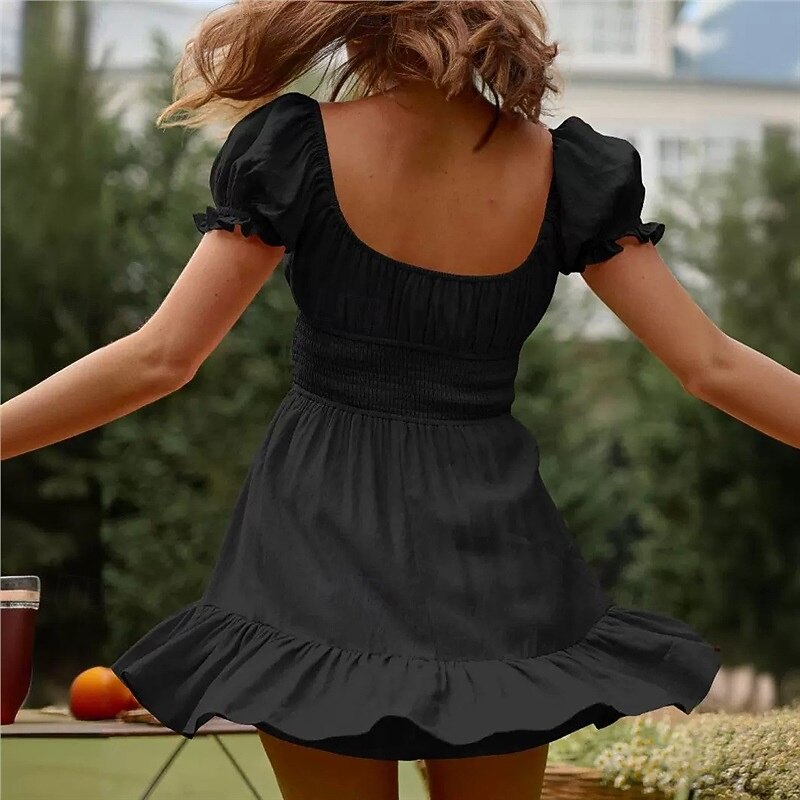 Retro Vintage Medieval Renaissance Mini Dress Flare Dress Elven Regency Inspired Solid Color Fancy Dress Women's Fantasy Wedding Vacation Casual Daily Adults' Dress Spring & Summer3