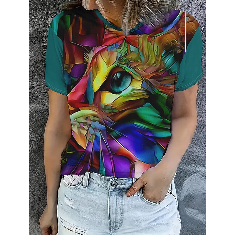 Women's T Shirt Summer Tops Color Block Cat Classic Casual Short Sleeve Crew Neck Crop Tops Daily Weekend Print Rainbow Summer Spring Fall