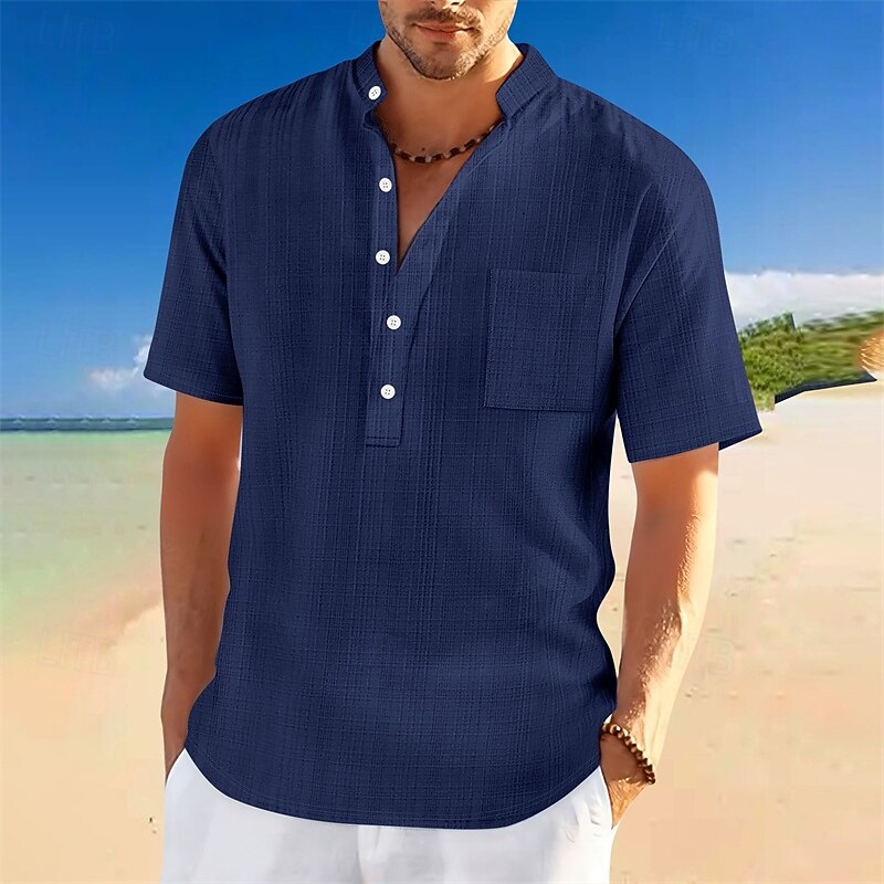 Men's Shirt Summer Shirt Casual Shirt Beach Shirt Button Up Shirt Black White Dark Navy Sky Blue khaki Short Sleeve Plain Standing Collar Vacation Hawaiian Pocket Clothing Apparel Polyester Fashion4
