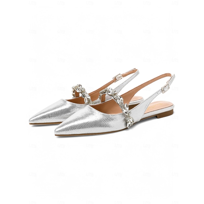 Women's Silver Rhinestone Pointed Toe Flats – Elegant Slingback Bridal & Evening Shoes2