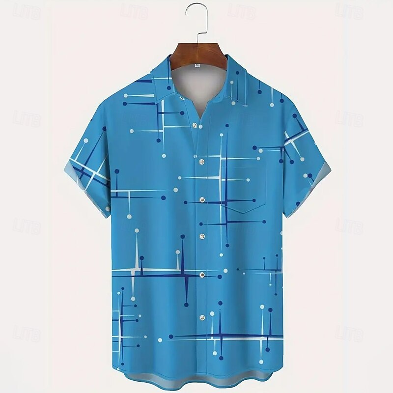 Men's Geometric Line Shirt Casual Shirt Button Up Shirt Short Sleeve Fashion Casual Vacation Holiday Streetwear Summer Spring Turndown 3D Print Collared Shirts Front One Pocket White Blue Brown Green3
