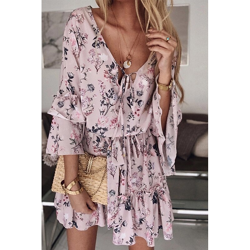 Women's Mini Dress Petite Dress Print Dress Peplum Dresses Fashion Outdoor Daily Holiday Regular Fit Flower 3/4 Length Sleeve V Neck Pink Dusty Rose Blue Summer3